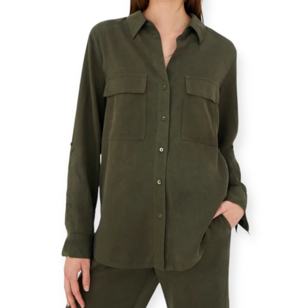 The Group Babaton Khaki Green Tencel Button Up Shirt Size XL Roll Tab Utility